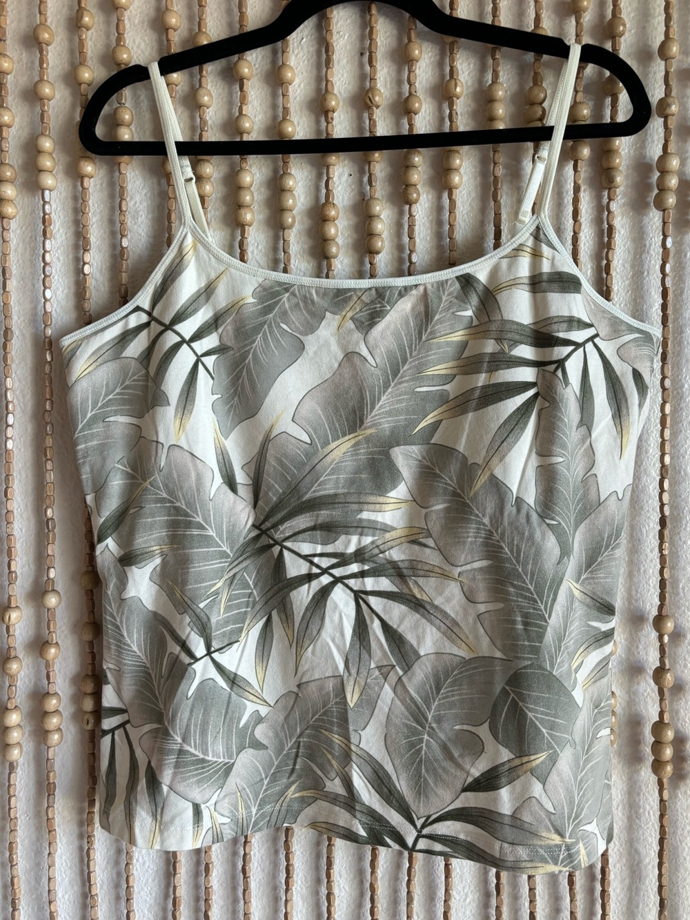 Vintage Y2K Tropical Leaf Print Spaghetti Strap Tank Top Sage Cream Boho Cami 2X